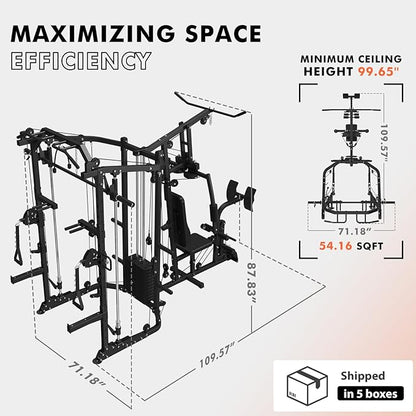 GMWD Dual-Station SmithΔ Machine Power Cage, All-in-One Home Gym Workout Station with 121LB Weight Stacks & Cable Crossover, Professional Functional Trainer for Couples & Family Strength Training