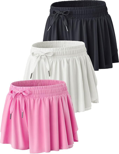 3 Pack Girls Flowy Shorts with Spandex Liner 2-in-1 Youth Butterfly Skirts for Fitness, Running, Sports