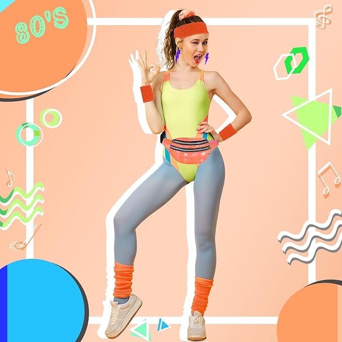 80s Neon Workout Costume Accessories Set 10 PCS Leg Warmers for Women 80s Headband Wristband Fanny Pack for Yoga Running
