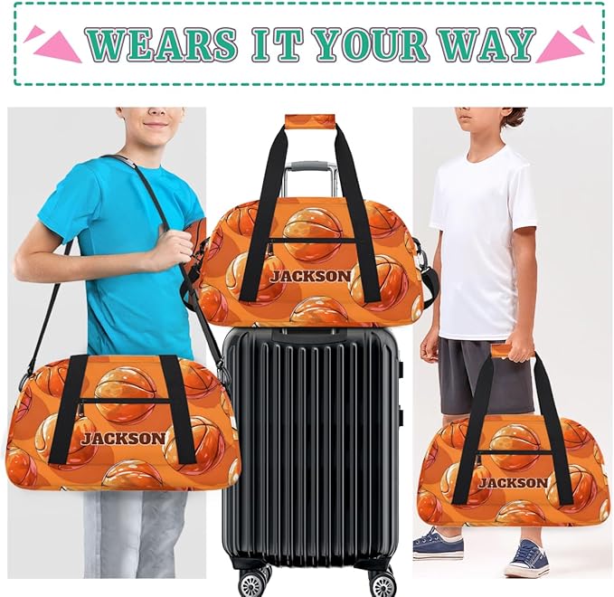 Personalized Kids Basketball Gym Sport Bags with Custom Name Boys Sport Training Travel Bags for Overnight Weekender, Orange
