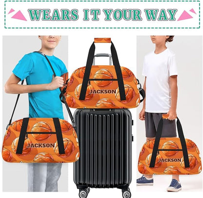 Personalized Kids Basketball Gym Sport Bags with Custom Name Boys Sport Training Travel Bags for Overnight Weekender, Orange