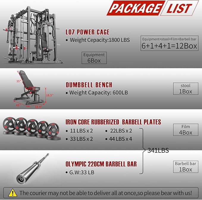 Smith Machine with Cable Crossover System, Multi-Function Squat Rack Power Cage for Home Gym, Power Rack and Packages Weight Sets
