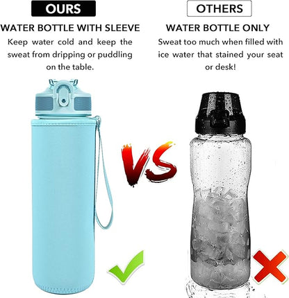 Water Bottle with Straw, Motivational 32 oz Water Bottles with Time Marker & No Sweat Sleeve, BPA Free Leak Proof Gym Bottle with Times to Drink