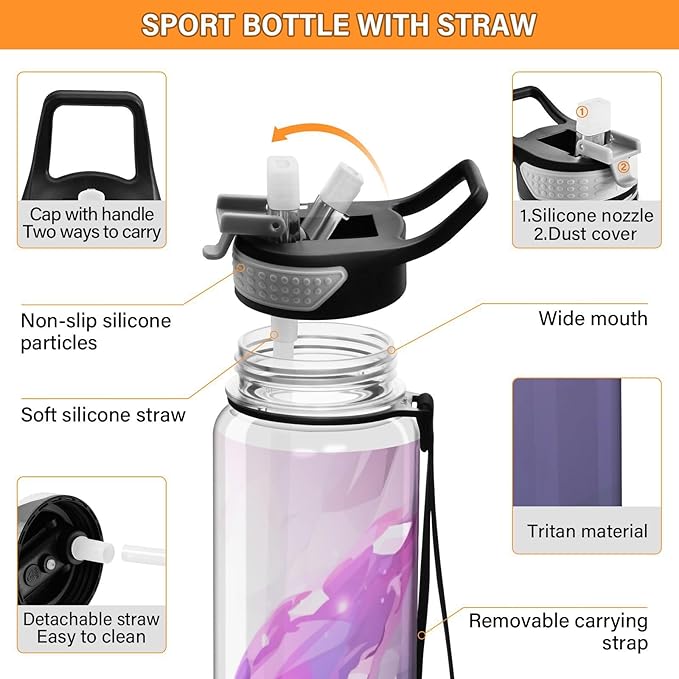 YETTASBIN Purple Butterfly Clear Water Bottle with Straw Lid, BPA-Free Leakproof Sport Water Bottle 32oz Large Gym Water Jug for Men Women Travel Fitness Outdoor
