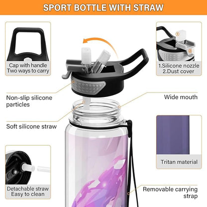 YETTASBIN Purple Butterfly Clear Water Bottle with Straw Lid, BPA-Free Leakproof Sport Water Bottle 32oz Large Gym Water Jug for Men Women Travel Fitness Outdoor