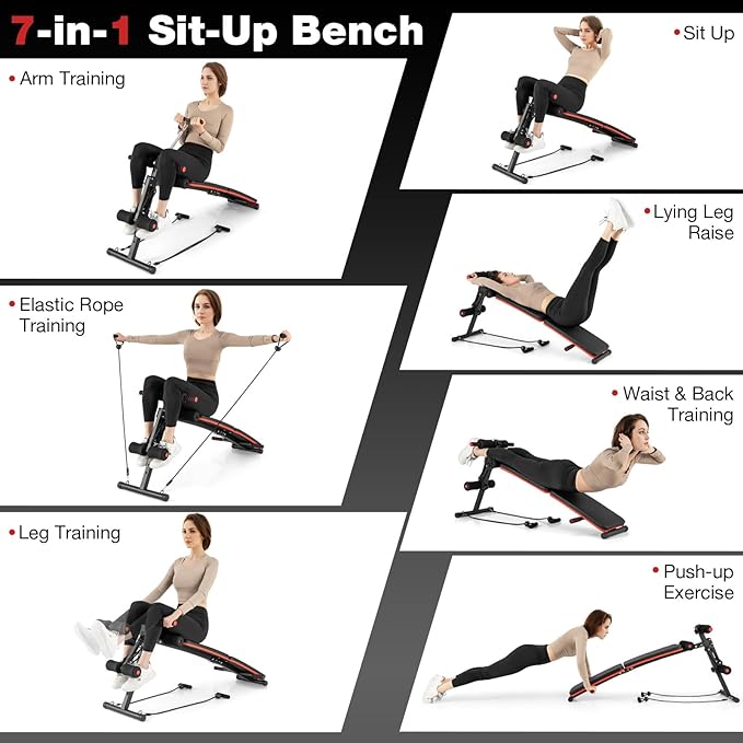 KOTEK Sit Up Bench, Foldable & Adjustable Ab Workout Equipment with 2 Elastic Ropes & Handle, 300 Lbs Weight Capacity, Decline Bench for Abs, Crunch, Strength Training Exercise for Home Gym