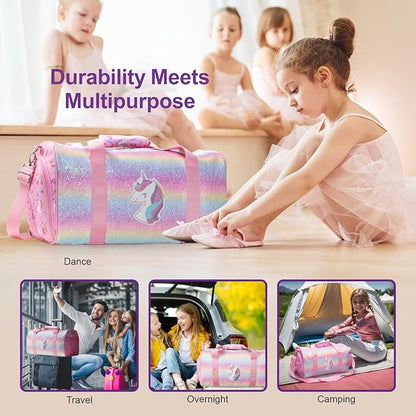 Bagseri Dance Bag for Girls - Kids Duffle with Shoe Compartment, Gymnastics Tote for Sleepover Travel with Water Resistant Wet Pocket（Glitter Unicorn, Pink）