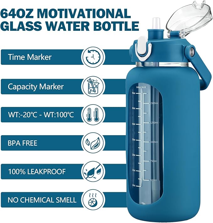 kytffu 64oz Glass Water Bottles with Straw, Half Gallon Motivational Glass Bottle with Silicone Sleeve and Time Marker, 2L Leakproof Large Glass Water Jug for Gym Home Office,Iron Blue