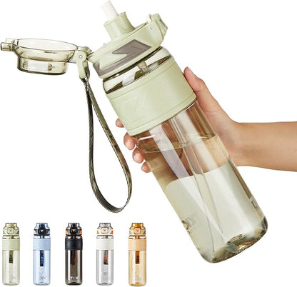 TKK Sports Water Bottles with Removable Straw 34 oz Leak-proof Flip Top Lid BPA Free Tritan Bottle with Strap for School, Fitness, Gym, Outdoor, LighGreen