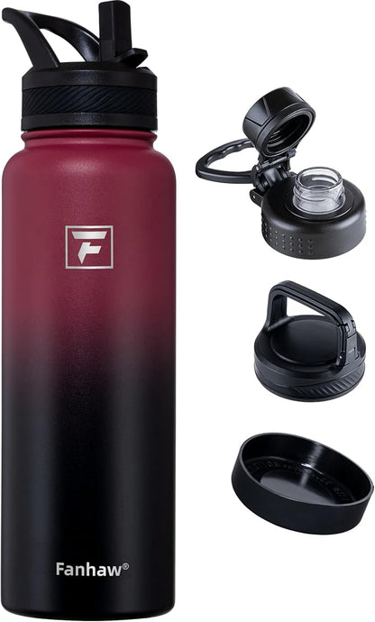 Fanhaw 40 oz Insulated Water Bottle – Stainless Steel Flask with 3 Lids (Straw, Spout, Carabiner) | Durable, Leakproof, for Hiking, Camping, Outdoor Adventures & Travel (Red Black)
