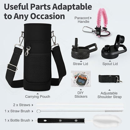 40 oz Insulated Water Bottle with Straw (Cold for 48 Hrs), Stainless Steel Triple Wall Vacuum Sports Water Jug, Leakproof Hydro Cup Flask with Paracord Handle & Straw Spout Lids & DIY Stickers