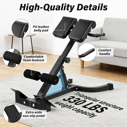 Foldable Hyperextension Roman Chair with Back Extension,Home Gym Sit Up Bench for Glute & Ab Workouts,Optional Adjustment Angle & Height,Multi-Function Heavy-Duty Exercise Equipment,Holds 330 Lbs