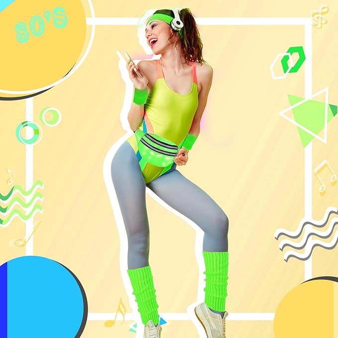 80s Neon Workout Costume Accessories Set 10 PCS Leg Warmers for Women 80s Headband Wristband Fanny Pack for Yoga Running