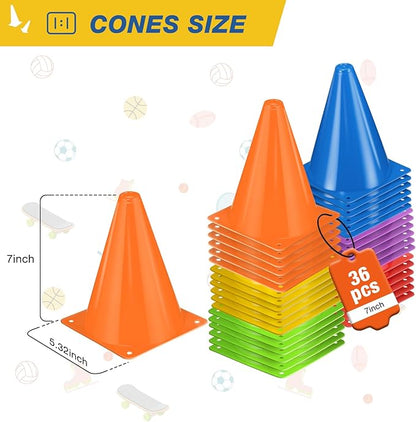 36pcs Cones 7 Inch Soccer Cones and Plastic Traffic Cones, Durable Cones for Sports Training, Ideal for Soccer, Basketball, Football, Skating, and Agility Drills Practice