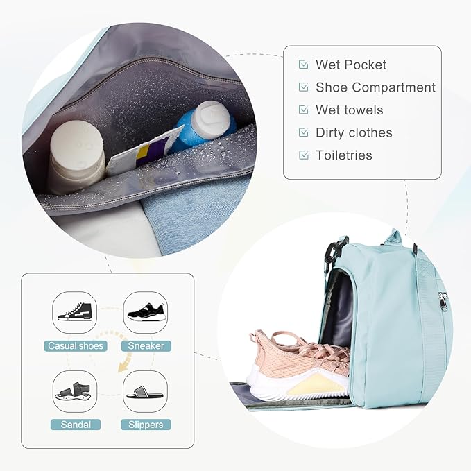 Gym Bag for Women Men with Shoes Compartment,Sports Duffle Bag Personal item travel Duffel Bags Tote Bag Small Carry on Weekender Overnight Bag Workout Dance Bag Hospital Holdalls Light Blue