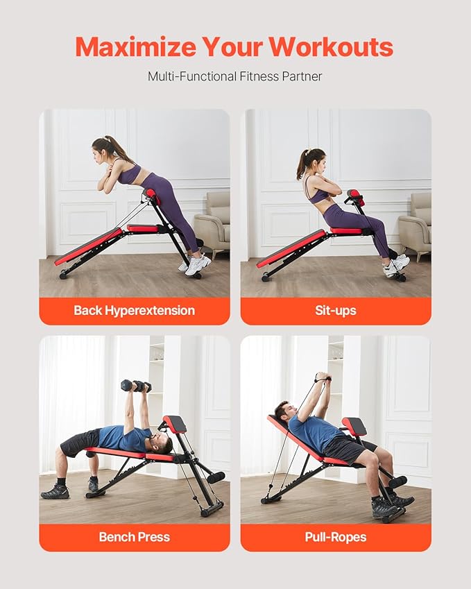 VEVOR Multi-Functional Weight Bench for Full Body Workout, Roman Chair Hyperextension Bench, Adjustable & Foldable Equipment for Back Arm Core Ab Workout, Sit Up Exercise Machine for Home Gym