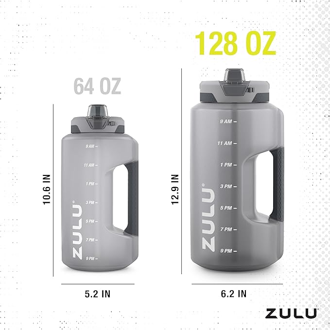 ZULU Goals 128oz Half Gallon Plastic Water Bottle with Straw and Time Marker | Large Reusable Jug with Handle and Leak Proof Lid for All Day Hydration, Gym and Outdoors, Gift Ready, Grey