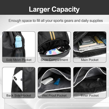 Hoedia Sports Drawstring Backpack - String Swim Gym Bag with Shoes Compartment and Wet Proof Pocket for Women&Men, Black Gold