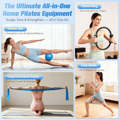 GINMIC Pilates Equipment, Pilates Kit for Women Home Workouts, at Home Pilates Set with Pilates Ring, Pilates Ball, Long and Loop Resistance Bands, Pilates Socks, Massage Ball, Guide & Bag