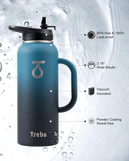 Trebo 40oz Water Bottle Insulated with Handle, Stainless Steel Metal Large Jug,Travel Flask with Straw Spout Lid,Mug Tumbler Cup,Keep Cold Hot, Indigo Black