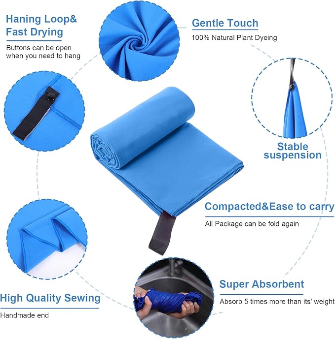 Tudomro 5 Pcs Microfiber Gym Towels Quick Dry Camping Towel for Women Men Gym Sweat Sports Towel for Yoga Tennis Running Swimming Exercise Working Out(Blue,23.6 x 47.2 '')