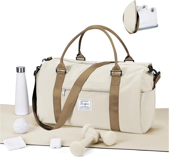 Gym Bag for Women Men with Shoes Compartment,Sports Duffle Bag Personal item travel Duffel Bags Tote Bag Small Carry on Weekender Overnight Bag Workout Dance Bag Hospital Holdalls Beige Brown