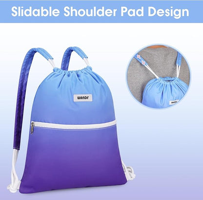 WANDF Drawstring Backpack Sports Gym Bag with Shoulder Pads Water Resistant String Cinch Bag for Women Men (Blue Gradient)