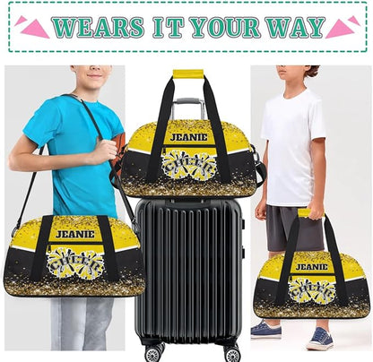 Personalized Cheer Gym Bags for Girls Kids Cheerleaders with Custom Name Sport Dance Perform Training Duffel Bags for Overnight Weekender Travel Yellow Black