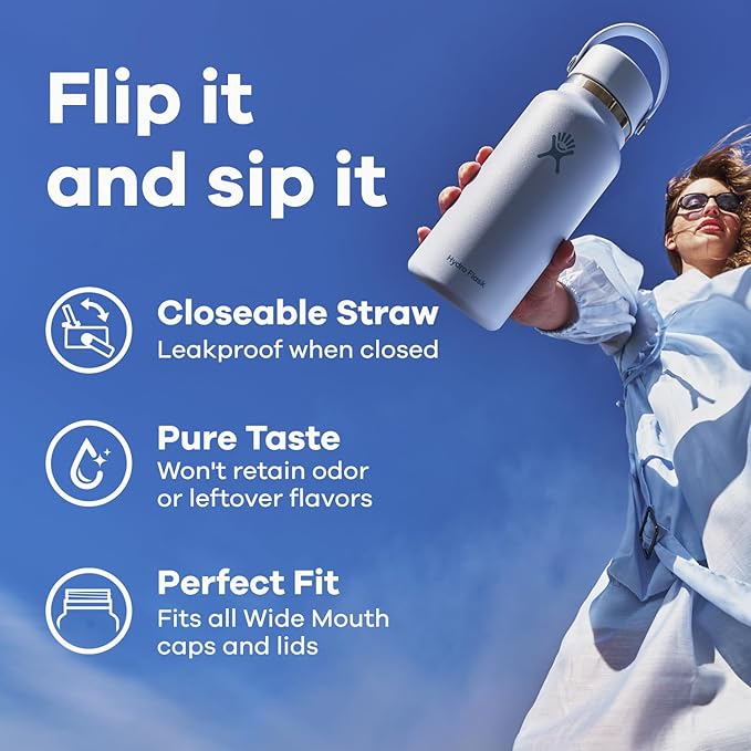 Hydro Flask Water Bottle - Insulated Stainless Steel - Wide Mouth Flex Straw Lid, Non Spill, Leakproof and Refillable in 32 Oz Tonal Agave