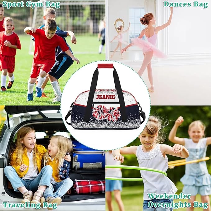 Personalized Cheer Gym Bags for Girls Kids Cheerleaders with Custom Name Sport Dance Perform Training Duffel Bags for Overnight Weekender Travel White Dark Blue