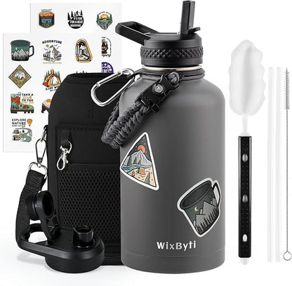 64 oz Insulated Water Bottle with Straw (Cold for 48 Hrs), Half Gallon Stainless Steel Triple Wall Vacuum Sports Water Jug, Leakproof Hydro Cup Flask with Straw Spout Lids & DIY Stickers