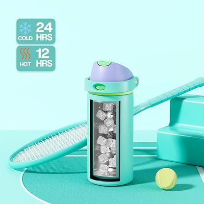 POWCAN 18 oz Insulated Water Bottle: 2-in-1 Push-Button Spout & Quick-Flip Straw, Leakproof, Cold 24Hrs, Fits Car Cup Holder, Stainless Steel Sports Water Bottle, Gift for Women, Girls (Sea Princess)