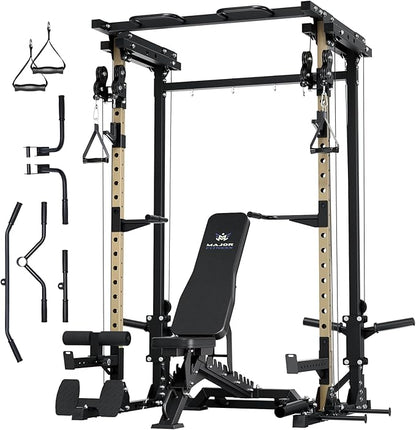 MAJOR FITNESS Drone3 Power Rack, 2500lbs Multi-Function Home Gym Squat Rack with Dual Pulley System, Pull-Up Bar & J-Hooks, Heavy-Duty Steel Frame for Maximum Stability & Strength Training