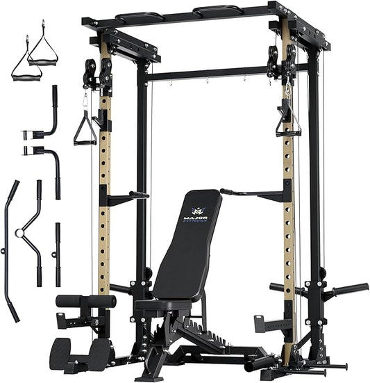 MAJOR FITNESS Drone3 Power Rack, 2500lbs Multi-Function Home Gym Squat Rack with Dual Pulley System, Pull-Up Bar & J-Hooks, Heavy-Duty Steel Frame for Maximum Stability & Strength Training