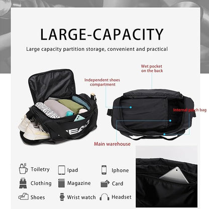 HEAD 45L Waterproof Gym Duffle Bag for Men, Large Capacity Sports Bag with Shoe Compartment & Dry Wet Pocket, Durable Crossbody Weekender Bag for Tennis, Workout, Fitness, Overnight Travel