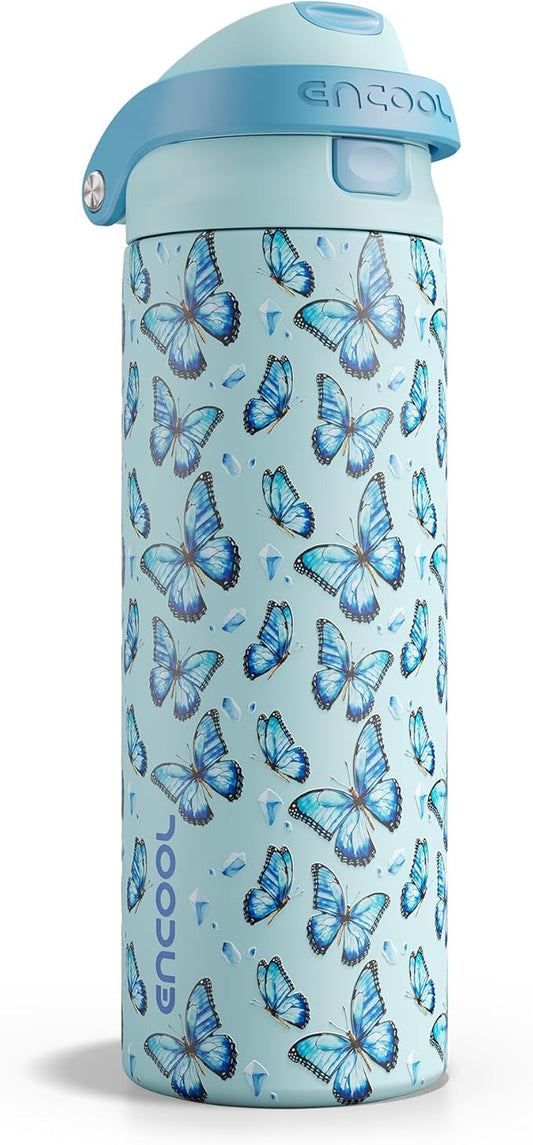 ENCOOL Leakproof Insulated Stainless steel Water Bottle with Straw Dual-Sip Water Bottle Bag-Safe Design for Work, BPA-Free Commute & Gym – Keeps Drinks Cold All Day, 24 oz, Glacier Butterfly