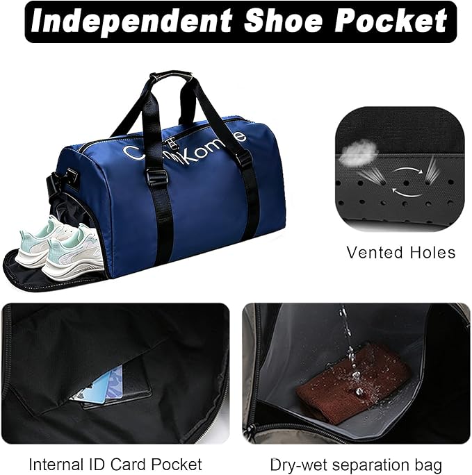Gym Bag for Men Women Waterproof Duffle Bag with Shoes Compartment and Wet Pocket Multipurpose Sports Weekender Bags for Travel, Sports, Fitness and Workout,Blue