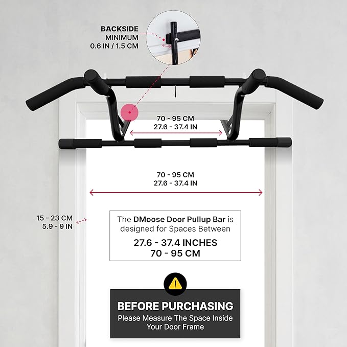 DMoose Fitness Pull Up Bar for Doorway - Upto 250 Lbs Capacity, No Screwing or Slipping, Hanging Pullup & Chin Up Bar for Door Frame - Multi Padded Grips for Strength Training with Installation Guide