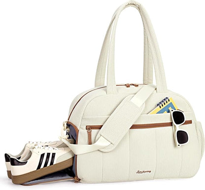 Gym Bag for Women, Puffer Travel Duffle Bag With Shoes Compartment & Wet Pocket, Carry On Tote Bag For Weekender, Overnight, Sport duffel bags for traveling (shallow cream-colored, Medium)