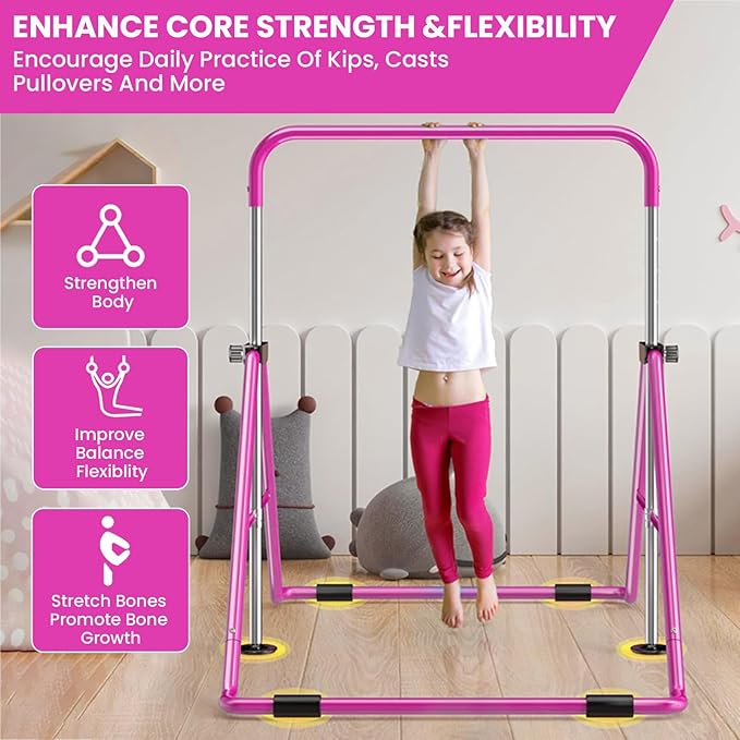 Amrta Foldable Gymnastics Bar with Rings, Adjustable Collapsible Horizontal Training Equipment Set for Indoor Outdoor Home Use Gym Gift in Pink Purple Blue