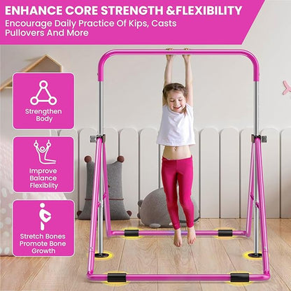 Amrta Foldable Gymnastics Bar with Rings, Adjustable Collapsible Horizontal Training Equipment Set for Indoor Outdoor Home Use Gym Gift in Pink Purple Blue
