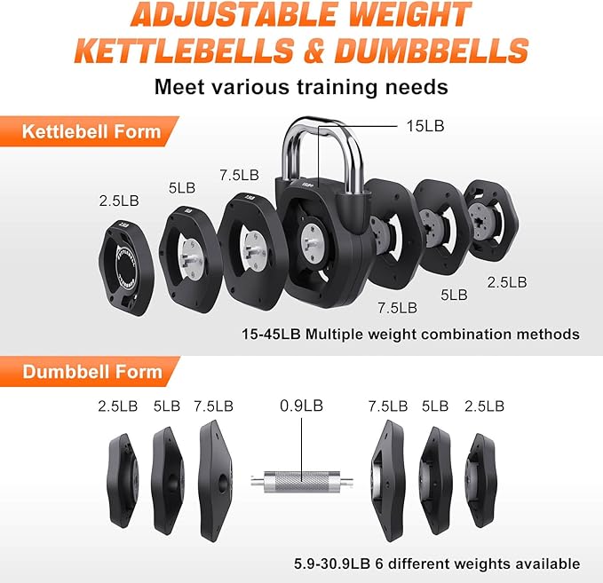 2-in-1 Adjustable Kettlebell, 15-45LB Kettlebells Weight Set for Strength Training, 5.9-30.9LB Adjustable Weights Dumbbell for Home Gym Full Body Workout