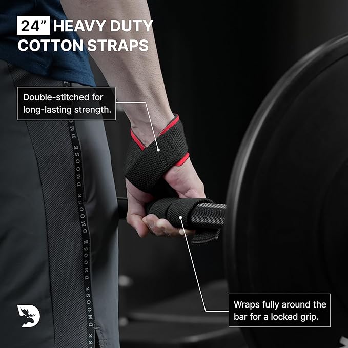 DMoose Fitness Lifting Straps 24" (Pair) - 5mm Padded Durable Wrist Straps for Weightlifting & Powerlifting - Cotton Lifting Strap with Silicone Grip for Men & Women - Deadlift Strap for Gym Workout