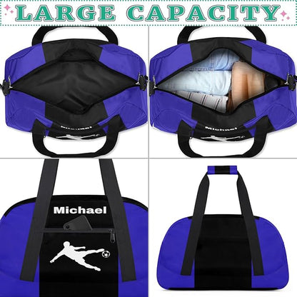 Custom Sports Soccer Bag for Boys, Personalized Sports Gym Duffle Bag Name Ranked Gym Cheer Playing Soccer Swimming Training Bag Travel Duffel with Name, Royal Blue and Black
