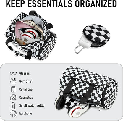 Mini Gym Bag for Women Girls Cute Small Duffle Bag 12'' with Multifunctional Pockets Workout Sport Bags Dance,Fitness,Yoga (Balck-white checkered)