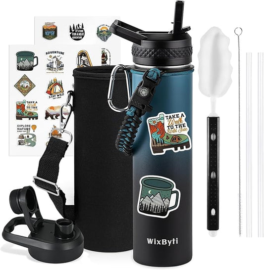 24 oz Insulated Water Bottle with Straw (Cold for 24 Hrs), Stainless Steel Triple Wall Vacuum Sports Water Jug, Leakproof Hydro Cup Flask with Paracord Handle & Straw Spout Lids & DIY Stickers