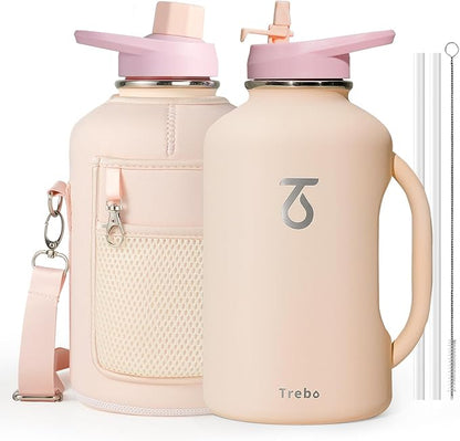 Trebo Half Gallon Water Bottle Insulated 64oz with Handle,Double Wall Vacuum Large Water Jug,Stainless Steel Water Bottle Flask,Gym Water Bottles For Men with Straw Spout Lids Strap,Nude Pink