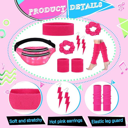 80s Neon Workout Costume Accessories Set 10 PCS Leg Warmers for Women 80s Headband Wristband Fanny Pack for Yoga Running