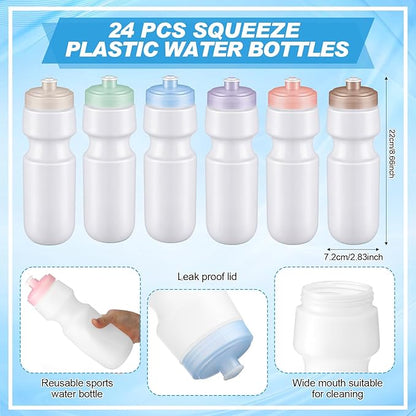 Nitial 24 Pcs Sports Water Bottles Bulk 22 oz Squeeze Reusable Sports Water Bottles Blank Plastic Water Bottles with Pull Top Cap for Adults Sports Fitness Bike, Dishwasher Safe