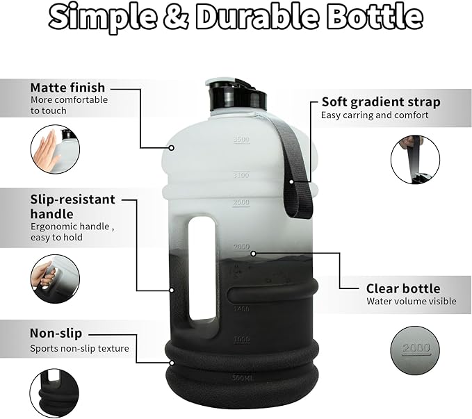 TOOFEEL Gallon Water Bottle - 128 oz with Flip Lid & Handle - BPA Free with Measurements - Black & White Gradient